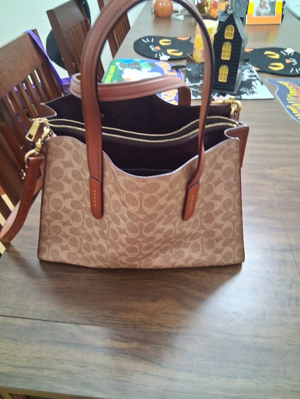 Coach brown leather tote w crossbody strap handbag euc
